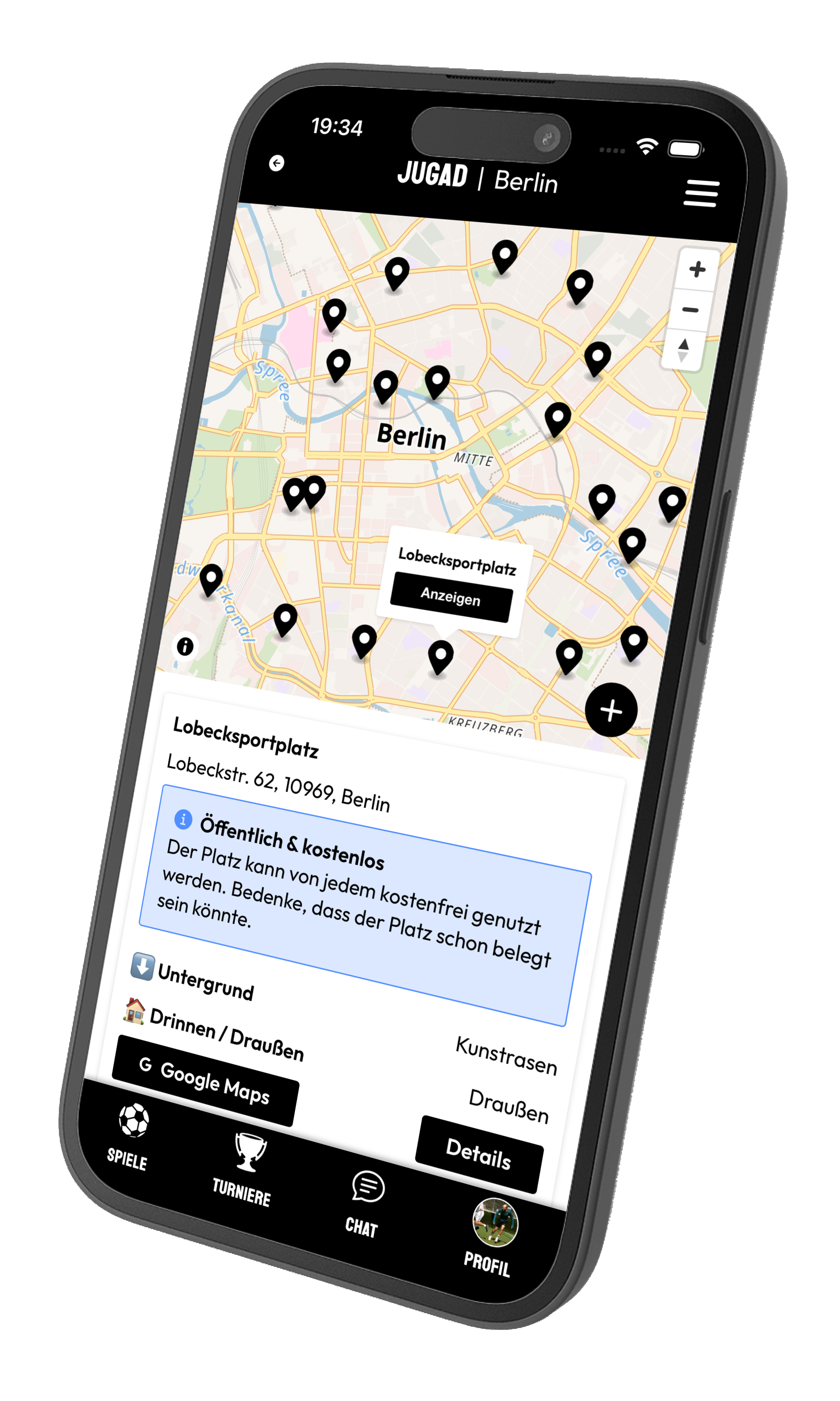 JUGAD App: Fußballplätze in der Umgebung
